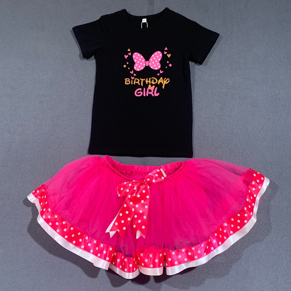 New Girls Black Birthday Girl Minnie Mouse‎ Outfit T-Shirt & Pink Polka Dot Tutu